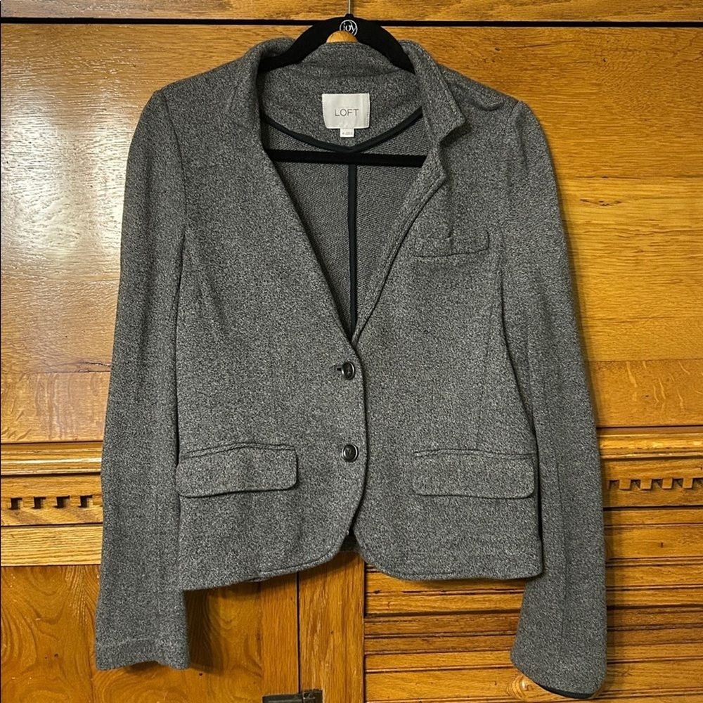Ann Taylor‎ Loft Preppy Workwear Gray Knit Blazer Jacket Two Button Professional